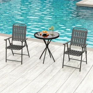 3 Piece Patio Dining Set with 2 Foldable Chairs, Outdoor Bistro Set with Tempered Glass Round Table for Balcony, Yard, Garden, Black 3 Piece Patio Dining Set with 2 Foldable Chairs, Outdoor Bistro Set with Tempered Glass Round Table for Balcony, Yard, Garden, Black