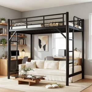 Twin Size Heavy Duty Metal Loft Bed with 2 Ladders, Black Twin Size Heavy Duty Metal Loft Bed with 2 Ladders, Black