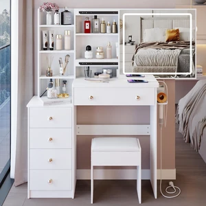 Vanity Desk with Lighted Mirror, Stool and Large Storage Space, White Vanity Desk with Lighted Mirror, Stool and Large Storage Space, White