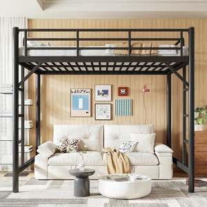 High Loft Bed Full with 2 Ladders, Industrial Heavy Duty Metal Loft Bed, Black High Loft Bed Full with 2 Ladders, Industrial Heavy Duty Metal Loft Bed, Black