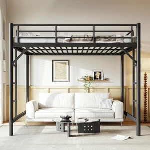 Queen High Loft Bed with 2 Ladders, Heavy Duty Metal Loft Bed, Black Queen High Loft Bed with 2 Ladders, Heavy Duty Metal Loft Bed, Black