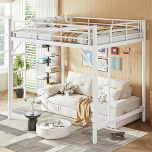 High Loft Bed Full with 2 Ladders, Industrial Heavy Duty Metal Loft Bed, White High Loft Bed Full with 2 Ladders, Industrial Heavy Duty Metal Loft Bed, White