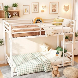 Twin Over Twin Floor Bunk Bed with High Guardrail, White Twin Over Twin Floor Bunk Bed with High Guardrail, White