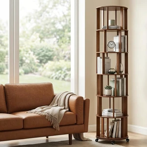 6 Tier Rotating Bookshelf with Wheels, Corner Revolving Bookcase, Vertical Turning Bookshelf for Bedroom/Living Room/Office, Walnut 6 Tier Rotating Bookshelf with Wheels, Corner Revolving Bookcase, Vertical Turning Bookshelf for Bedroom/Living Room/Office, Walnut