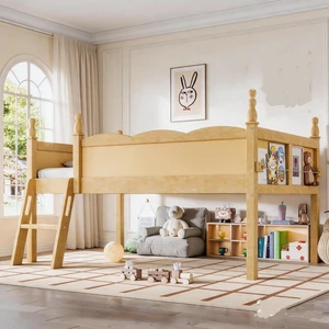 Solid Wood Twin Low Loft Bed with Storage Bookshelf, Natural Solid Wood Twin Low Loft Bed with Storage Bookshelf, Natural