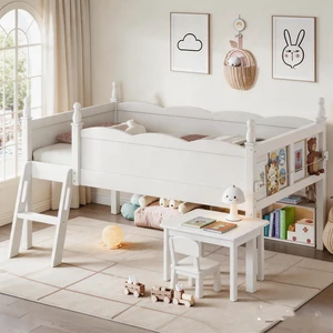 Solid Wood Twin Low Loft Bed with Storage Bookshelf, Beige Solid Wood Twin Low Loft Bed with Storage Bookshelf, Beige