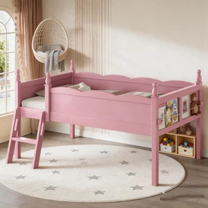 Solid Wood Twin Low Loft Bed with Storage Bookshelf, Pink Solid Wood Twin Low Loft Bed with Storage Bookshelf, Pink