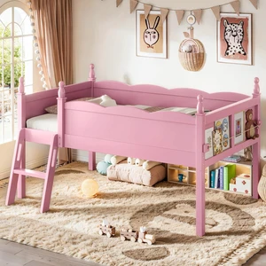 Low Loft Bed Twin Size with Bookshelf, Solid Wood Loft Bed for Kids, Pink Low Loft Bed Twin Size with Bookshelf, Solid Wood Loft Bed for Kids, Pink