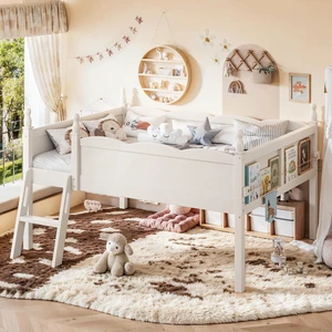 Low Loft Bed Full Size with Bookshelf, Solid Wood Loft Bed for Kids, Beige Low Loft Bed Full Size with Bookshelf, Solid Wood Loft Bed for Kids, Beige