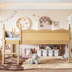 Low Loft Bed Full Size with Bookshelf, Solid Wood Loft Bed for Kids, Natural Low Loft Bed Full Size with Bookshelf, Solid Wood Loft Bed for Kids, Natural