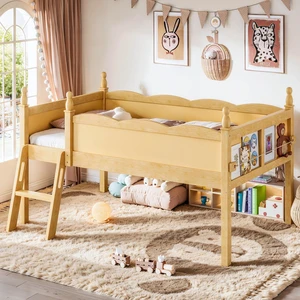 Low Loft Bed Twin Size with Bookshelf, Solid Wood Loft Bed for Kids, Natural Low Loft Bed Twin Size with Bookshelf, Solid Wood Loft Bed for Kids, Natural