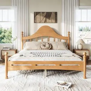 Wooden Platform Bed Frame Queen with Curved Headboard for Kids, Natural Wooden Platform Bed Frame Queen with Curved Headboard for Kids, Natural