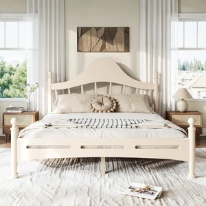 Wooden Platform Bed Frame Queen with Curved Headboard for Kids, Beige Wooden Platform Bed Frame Queen with Curved Headboard for Kids, Beige