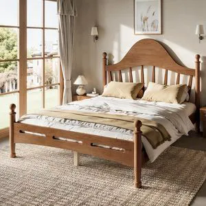 Kids Full Platform Bed with Curved Headboard, Wood Bed Frame, Antique Brown Kids Full Platform Bed with Curved Headboard, Wood Bed Frame, Antique Brown