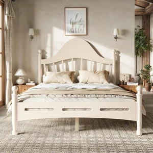 Kids Full Platform Bed with Curved Headboard, Solid Wood Bed Frame, Beige Kids Full Platform Bed with Curved Headboard, Solid Wood Bed Frame, Beige