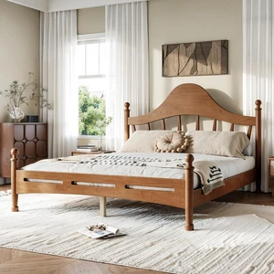Wooden Platform Bed Queen with Curved Headboard for Kids, Antique Brown Wooden Platform Bed Queen with Curved Headboard for Kids, Antique Brown