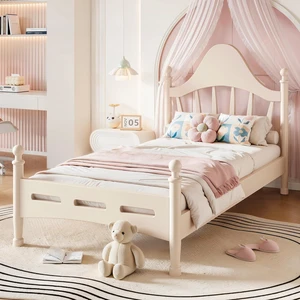 Twin Wood Platform Bed Frame with Curved Headboard for Kids, Beige Twin Wood Platform Bed Frame with Curved Headboard for Kids, Beige