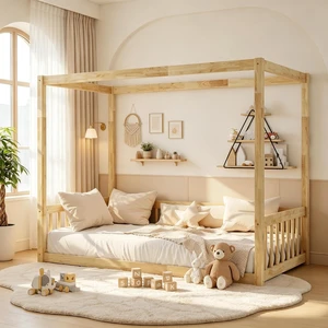 Twin Size Montessori Floor Bed, Solid Wood Canopy Frame Bed with Safety Guardrails Low Platform Kids Bed for Boys Girls, Natural Twin Size Montessori Floor Bed, Solid Wood Canopy Frame Bed with Safety Guardrails Low Platform Kids Bed for Boys Girls, Natural