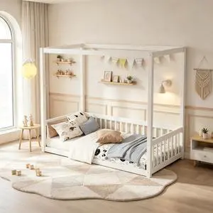 Twin Size Montessori Floor Bed, Solid Wood Canopy Frame Bed with Safety Guardrails Low Platform Kids Bed for Boys Girls, White Twin Size Montessori Floor Bed, Solid Wood Canopy Frame Bed with Safety Guardrails Low Platform Kids Bed for Boys Girls, White
