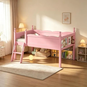 Twin Size Low Wood Loft Bed with Storage Book Shelfr, Kids Loft Bed with Safety Guardrails and Play Space for Princess Girls Boys Teen, Pink Twin Size Low Wood Loft Bed with Storage Book Shelfr, Kids Loft Bed with Safety Guardrails and Play Space for Princess Girls Boys Teen, Pink