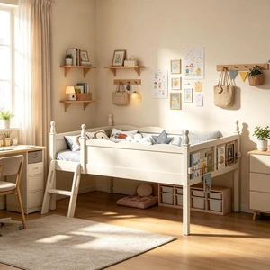 Full Size Low Wood Loft Bed with Storage Book Shelfr, Kids Loft Bed with Safety Guardrails and Play Space for Princess Girls Boys Teen, Beige Full Size Low Wood Loft Bed with Storage Book Shelfr, Kids Loft Bed with Safety Guardrails and Play Space for Princess Girls Boys Teen, Beige