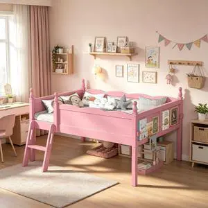Full Size Low Wood Loft Bed with Storage Book Shelfr, Kids Loft Bed with Safety Guardrails and Play Space for Princess Girls Boys Teen, Pink Full Size Low Wood Loft Bed with Storage Book Shelfr, Kids Loft Bed with Safety Guardrails and Play Space for Princess Girls Boys Teen, Pink