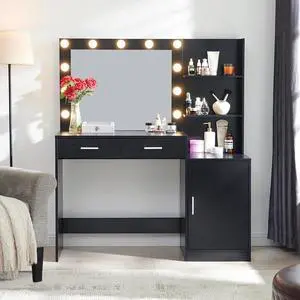 46 Large Vanity Desk with Mirror and Lights, Black 46 Large Vanity Desk with Mirror and Lights, Black