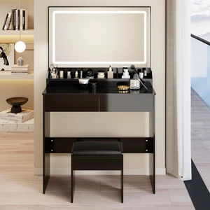 Modern Vanity with Large Mirror and Led Light, Black Modern Vanity with Large Mirror and Led Light, Black