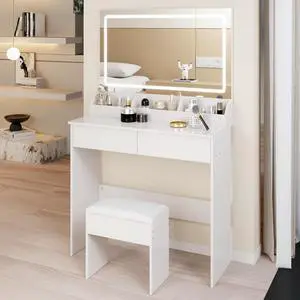 Modern Vanity with Large Mirror and Led Light, White Modern Vanity with Large Mirror and Led Light, White