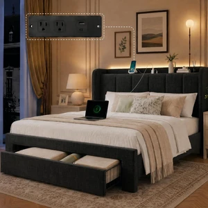 Amada Heavy-Duty Queen Bed Frame with Oversized Drawer, Charging&LED,Black Amada Heavy-Duty Queen Bed Frame with Oversized Drawer, Charging&LED,Black