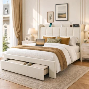 Amada Heavy-Duty Queen Bed Frame with Oversized Drawer, Charging&LED,Cream Amada Heavy-Duty Queen Bed Frame with Oversized Drawer, Charging&LED,Cream