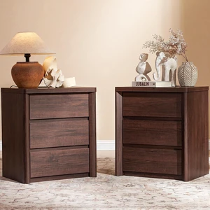 AMADA HOMEFURNISHING Wood Nightstand with 3 Drawers, Large and Wide Night Stand with Charging Station, Bedside Table with Curved Design, Side Table for Bedroom, Walnut, Set of 2 AMADA HOMEFURNISHING Wood Nightstand with 3 Drawers, Large and Wide Night Stand with Charging Station, Bedside Table with Curved Design, Side Table for Bedroom, Walnut, Set of 2