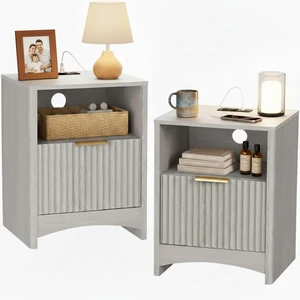 Pipishell Nightstands Set of 2 with Charging Station, Fluted Bedside Table with Storage & Drawer, Modern End Tables with USB & AC Outlets, Small Wood Night Stand for Bedroom, Light Gray Pipishell Nightstands Set of 2 with Charging Station, Fluted Bedside Table with Storage & Drawer, Modern End Tables with USB & AC Outlets, Small Wood Night Stand for Bedroom, Light Gray
