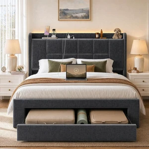 Amada Heavy-Duty Queen Bed Frame with Oversized Drawer, Charging&LED, Grey Amada Heavy-Duty Queen Bed Frame with Oversized Drawer, Charging&LED, Grey