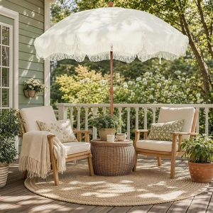 7ft Beach Umbrella with Sand Anchor, Fringe Umbrella for Pool, White 7ft Beach Umbrella with Sand Anchor, Fringe Umbrella for Pool, White