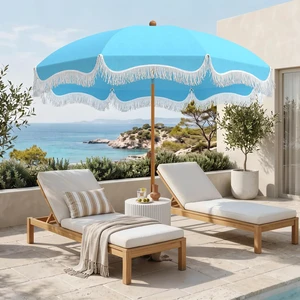 7ft Beach Umbrella with Sand Anchor, Fringe Umbrella for Pool, Blue 7ft Beach Umbrella with Sand Anchor, Fringe Umbrella for Pool, Blue