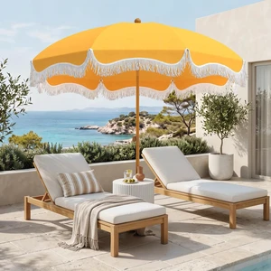 7ft Beach Umbrella with Sand Anchor, Fringe Umbrella for Pool, Gold Yellow 7ft Beach Umbrella with Sand Anchor, Fringe Umbrella for Pool, Gold Yellow