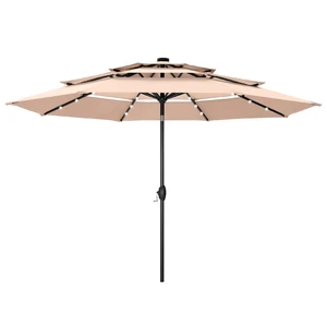 HERA'S PALACE 10ft 3-Tier Solar Patio Umbrella with Ventilation, Outdoor Patio Table Umbrella for Backyard, Garden, Poolside with 24 LED Lights, Tilt Adjustment, Easy Crank, 8 Ribs - Beige HERA'S PALACE 10ft 3-Tier Solar Patio Umbrella with Ventilation, Outdoor Patio Table Umbrella for Backyard, Garden, Poolside with 24 LED Lights, Tilt Adjustment, Easy Crank, 8 Ribs - Beige