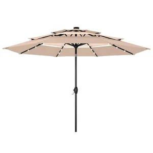 HERA'S PALACE 10ft 3-Tier Solar Patio Umbrella with Ventilation, Outdoor Patio Table Umbrella for Backyard, Garden, Poolside with 24 LED Lights, Tilt Adjustment, Easy Crank, 8 Ribs - Beige Patchwork HERA'S PALACE 10ft 3-Tier Solar Patio Umbrella with Ventilation, Outdoor Patio Table Umbrella for Backyard, Garden, Poolside with 24 LED Lights, Tilt Adjustment, Easy Crank, 8 Ribs - Beige Patchwork