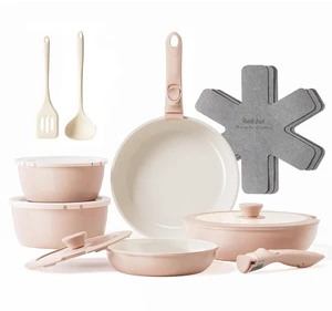 Redchef 16pcs Ceramic Pots and Pans Set Non Stick, Nonstick Kitchen Cookware Set with Detachable Handle, Non Toxic, PFAS PFOA & PTFE Free, RV Cookware Set for Camping, Dishwasher/Oven Safe (Pink) Redchef 16pcs Ceramic Pots and Pans Set Non Stick, Nonstick Kitchen Cookware Set with Detachable Handle, Non Toxic, PFAS PFOA & PTFE Free, RV Cookware Set for Camping, Dishwasher/Oven Safe (Pink)