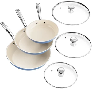 Redchef Nonstick Cookware Sets, Ceramic Frying Pan Set with Tempered Glass Lids, Non Stick Cooking Set, Dishwasher & Oven Safe, Induction Safe, Compatible with All Cooktops, Blue (8", 9.5", 11") Redchef Nonstick Cookware Sets, Ceramic Frying Pan Set with Tempered Glass Lids, Non Stick Cooking Set, Dishwasher & Oven Safe, Induction Safe, Compatible with All Cooktops, Blue (8", 9.5", 11")