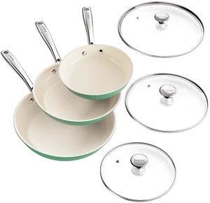 Redchef Nonstick 6-Piece Fry Pan Set, 8, 9.5, and 11 Inch Frying Pans with Tempered Glass Lids, Stay-Cool Handles, Dishwasher & Oven Safe, Induction Safe, Compatible with All Cooktops, Green Redchef Nonstick 6-Piece Fry Pan Set, 8, 9.5, and 11 Inch Frying Pans with Tempered Glass Lids, Stay-Cool Handles, Dishwasher & Oven Safe, Induction Safe, Compatible with All Cooktops, Green