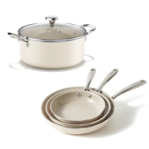 Redchef 5 QT Ceramic Stock Pot with Lid, 8" 9.5" 11" Ceramic Frying Pan Set, PFAS & PTFE & PFOA Free with Stay Cool Handle, Dishwasher & Oven Safe (Beige) Redchef 5 QT Ceramic Stock Pot with Lid, 8" 9.5" 11" Ceramic Frying Pan Set, PFAS & PTFE & PFOA Free with Stay Cool Handle, Dishwasher & Oven Safe (Beige)