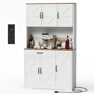 GRUSIGN 71" Pantry Cabinet with Charging Station, Large Capacity Kitchen Hutch Storage Cabinet, Kitchen Cabinet with Microwave Stand, Storage Drawers & Adjustable Shelves for Dining Room, White GRUSIGN 71" Pantry Cabinet with Charging Station, Large Capacity Kitchen Hutch Storage Cabinet, Kitchen Cabinet with Microwave Stand, Storage Drawers & Adjustable Shelves for Dining Room, White