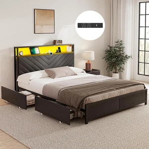 GRUSIGN Queen Bed Frame with 4 Storage Drawers, Upholstered Storage Headboard, Metal Platform with Charging Station & LED Lights, Noise-Free, Easy Assembly, No Box Spring Needed GRUSIGN Queen Bed Frame with 4 Storage Drawers, Upholstered Storage Headboard, Metal Platform with Charging Station & LED Lights, Noise-Free, Easy Assembly, No Box Spring Needed