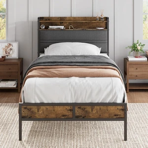 GRUSIGN Twin Bed Frame with LED Light Storage Headboard and Charging Station Type Platform Bed with Grey Upholstered HeadboardNo Box Spring Needed, Noise Free, Easy Assembly GRUSIGN Twin Bed Frame with LED Light Storage Headboard and Charging Station Type Platform Bed with Grey Upholstered HeadboardNo Box Spring Needed, Noise Free, Easy Assembly