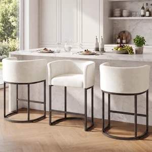 GRUSIGN Chenille Counter Height Bar Stools Set of 3, 26" Kitchen Island Stools with Arms & Footrest, Upholstered Barrel Back Bar Chairs for Kitchen Dining Room, Bar & Lounge Area, Beige GRUSIGN Chenille Counter Height Bar Stools Set of 3, 26" Kitchen Island Stools with Arms & Footrest, Upholstered Barrel Back Bar Chairs for Kitchen Dining Room, Bar & Lounge Area, Beige