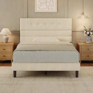 GRUSIGN Full Size Bed Frame with Linen Fabric Headboard, Adjustable Height Upholstered Platform Bed Frame with Wooden Slats, Easy Assembly, Beige GRUSIGN Full Size Bed Frame with Linen Fabric Headboard, Adjustable Height Upholstered Platform Bed Frame with Wooden Slats, Easy Assembly, Beige