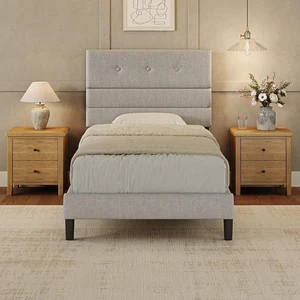 GRUSIGN Twin Size Bed Frame with Linen Fabric Headboard, Adjustable Height Upholstered Platform Bed Frame with Wooden Slats, Easy Assembly, Dark Grey GRUSIGN Twin Size Bed Frame with Linen Fabric Headboard, Adjustable Height Upholstered Platform Bed Frame with Wooden Slats, Easy Assembly, Dark Grey