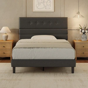 GRUSIGN Full Size Bed Frame with Linen Fabric Headboard, Adjustable Height Upholstered Platform Bed Frame with Wooden Slats, Easy Assembly, Black GRUSIGN Full Size Bed Frame with Linen Fabric Headboard, Adjustable Height Upholstered Platform Bed Frame with Wooden Slats, Easy Assembly, Black